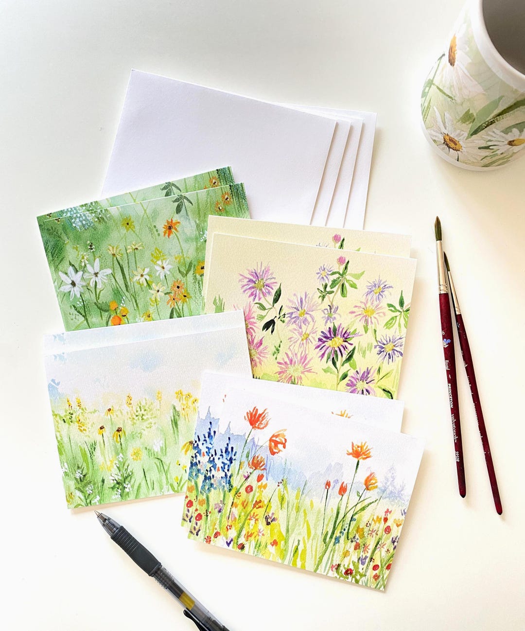 Watercolor Floral Note Cards | Fields of Flowers | Sets of 8 or 4 A2 ...