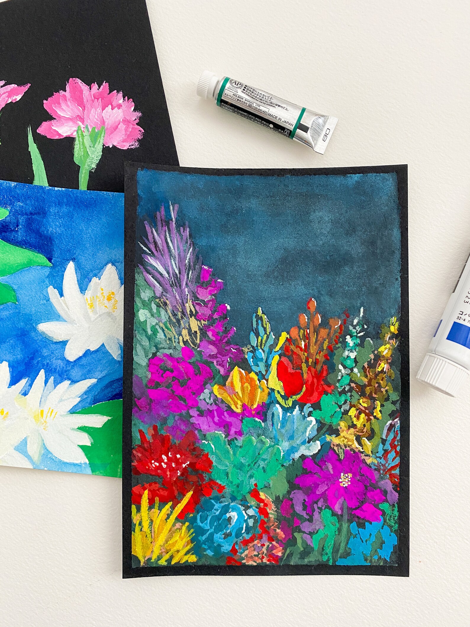 Hand Painted Floral Original Gouache on Black Paper Etsy