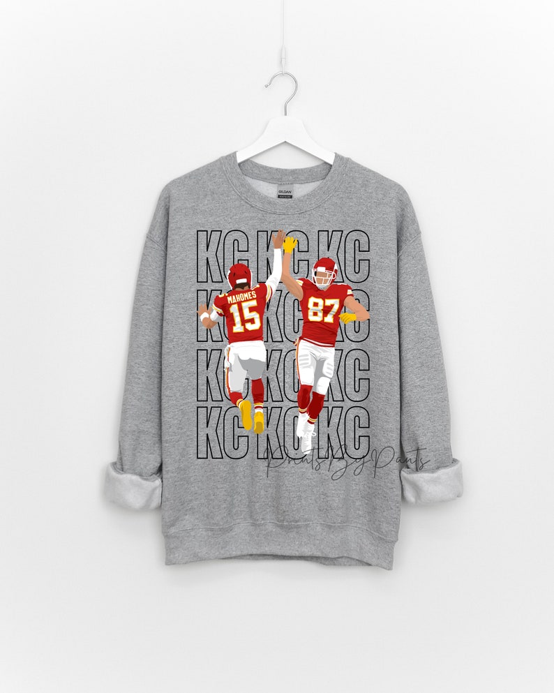 Digital Print Kansas City partial transparent Chief player 87 and 15 High Five KC football PNG red, yellow, and white image 1