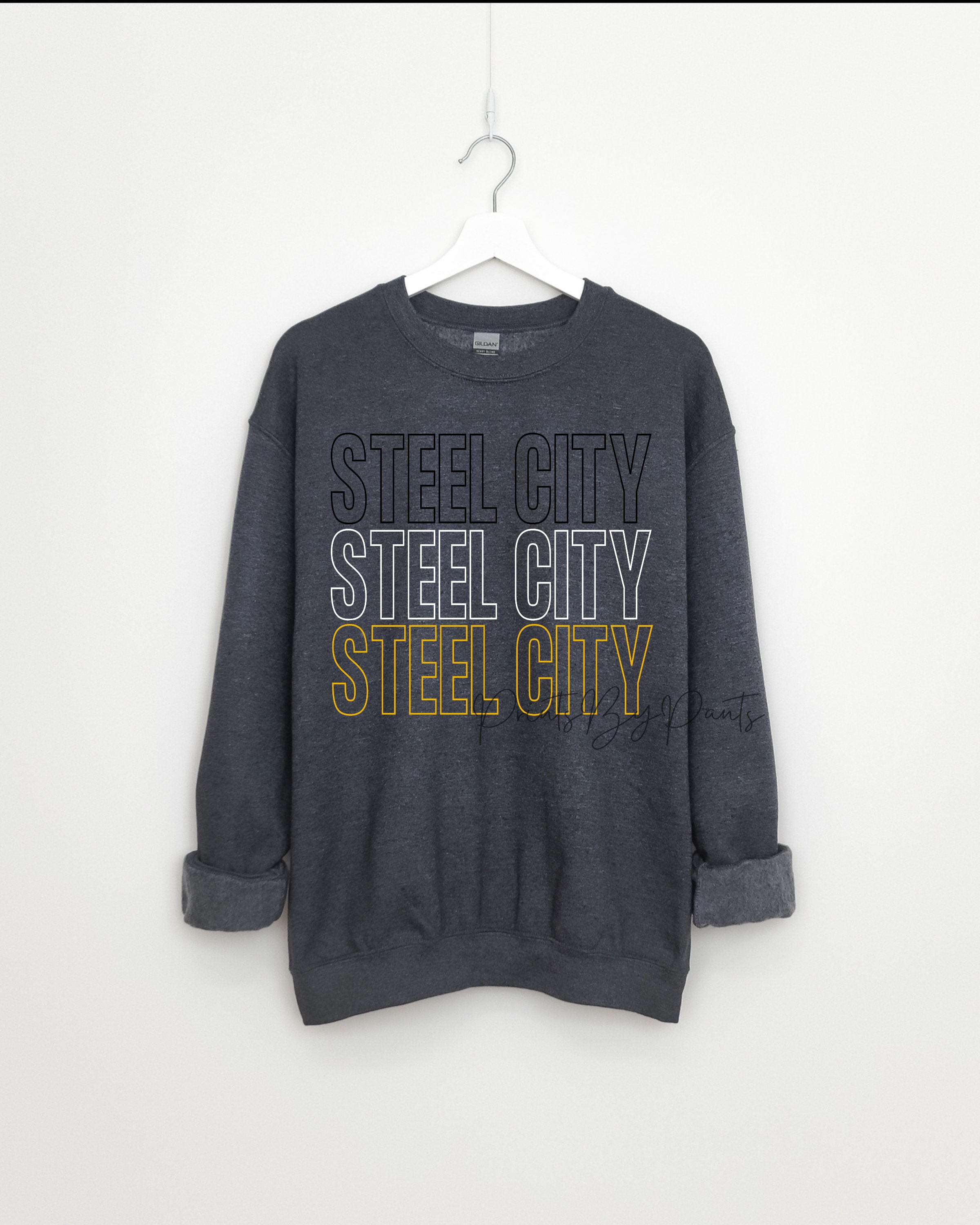 Digital Print- Pittsburgh- STEEL CITY - football black, gold, and white PNG
