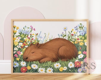 Slapende baby capibara wilde bloemenkunstdruk: schilderij madeliefje bloemenveld dierenkwekerij (digitale download)