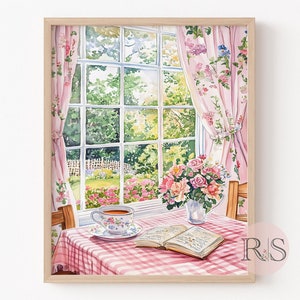 English Cottage Reading Corner Watercolor Art Print | Pink Girly Cottage Spring Cottagecore Garden Lover Printable Art