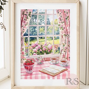 English Cottage Reading Corner Watercolor Art Print | Pink Girly Cottage Spring Cottagecore Garden Lover Printable Art