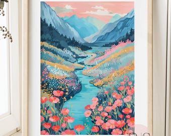 Wildflower Mountain River Art Print: Spring Sunset Flower Field Landscape Painting (Digital Download)