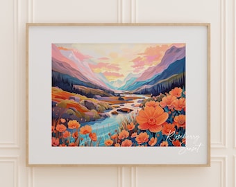 Orange Wildflower Sunset Landscape Art Print: Spring Summer River Mountain Painting (Digital Download)