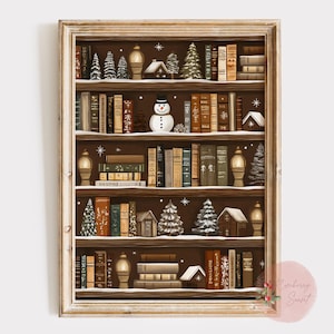 Rustikale Weihnachtsbücherregal Gemälde Kunstdruck | Weihnachtsbuchladen Poster Buchliebhaber Vintage Buchecke druckbare Kunst JPG Digital Download