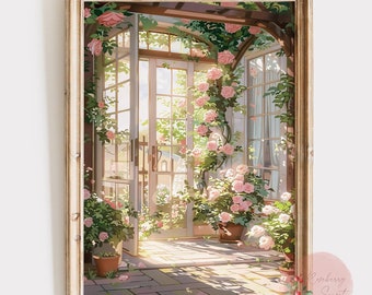 Floral Cottage Front Porch Art Print: Pink Rose Flower Garden Cottagecore Poster (Digital Download)