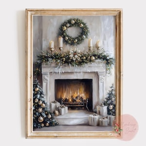 Fireplace Vintage Christmas Painting Art Print | Festive White Christmas Cozy Fireplace Winter Holiday Printable Art JPG Digital Download