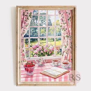 English Cottage Reading Corner Watercolor Art Print | Pink Girly Cottage Spring Cottagecore Garden Lover Printable Art