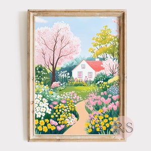 Spring Cottage House Blooming Garden Painting Art Print | Countryside Cottage Botanical Flower Garden Printable Art JPG Digital Download