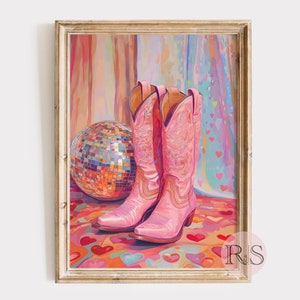 Impresión artística de vaquera disco para San Valentín: Pintura retro del oeste con botas de vaquera rosa (descarga digital)