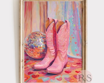 Disco Cowgirl Valentine's Day Art Print: Pink Cowgirl Boots Retro Western Painting (Digital Download)