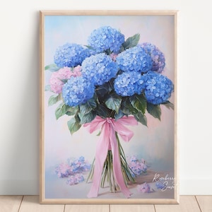 Blue Hydrangea Coquette Bow Painting Art Print | Vintage Floral Pink Bow Hydrangea Trendy Coquette Flower Printable Art JPG Digital Download