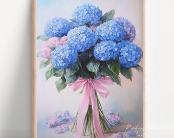 Blue Hydrangea Coquette Flower Art Print: Vintage Pink Bow Floral Painting (Digital Download)