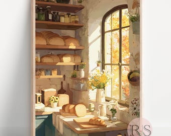 Impressão artística de padaria aconchegante de outono: pintura de cozinha de padaria Cottagecore (download digital)
