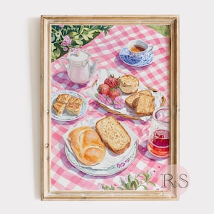 Pink Gingham Spring Summer Picnic Watercolor Art Print | Preppy Pink Girly Aesthetic Cottagecore Picnic Printable Art JPG Digital Download