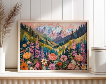 May include: A digital art print depicting a colourful landscape with mountains, trees, and wildflowers. The print has a pink, purple, and blue colour scheme and is titled "Roseberry Sunset".