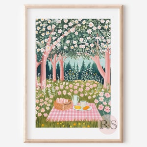 Blooming Forest Summer Picnic Painting Art Print | Pink Gingham Spring Wildflower Woodland Picnic Nursery Printable Art JPG Digital Download