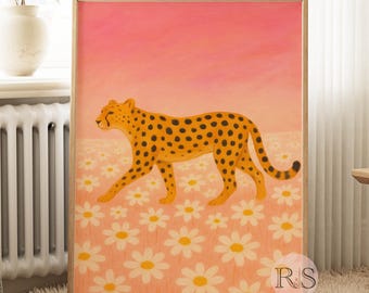 Cheetah Daisy Field Art Print: Pink Sunset Wildflower Floral Animal Painting (Digital Download)