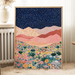 抽象的な砂漠の野花のアートプリント：星空の夜の砂漠の花の風景画（デジタルダウンロード）