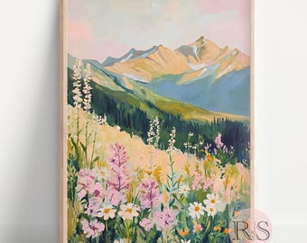 Spring Wildflower Mountain Art Print: Summer Floral Soft Nature Landscape Painting (Digital Download)