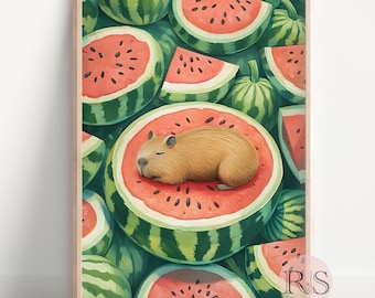 Konsttryck med vattenmelon och babykapybara: Nyckfull matsalsmålning med sovande kapybara (digital nedladdning)
