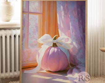 Puede incluir: Una obra de arte enmarcada que presenta una calabaza rosa con un lazo blanco. La calabaza se encuentra frente a una ventana con colores pastel suaves. La obra de arte está en un marco de madera, creando un ambiente acogedor y atractivo.