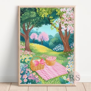 Pink Coquette Bow Summer Picnic Painting Art Print | Pink Girly Picnic Spring Wildflower Colorful Nature Printable Art JPG Digital Download