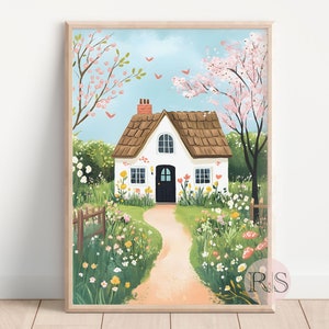 Spring Cottage House Blooming Garden Painting Art Print | Countryside Cottage Botanical Flower Garden Printable Art JPG Digital Download