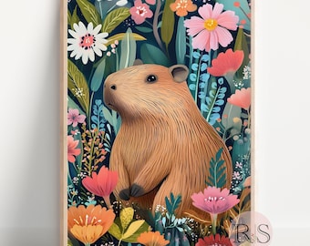 Capybara Spring Flower Garden Art Print: Botanical Colorful Floral Animal Painting (Digital Download)