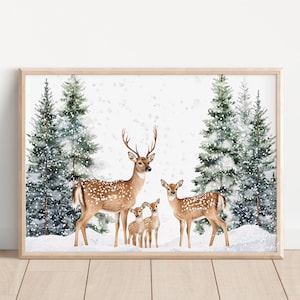 Hirsch Familie Verschneite Kiefer Bäume Winter Landschaft Gemälde Kunstdruck | Verschneite Winterwald Deer Pine Trees druckbare Kunst JPG Digital Download