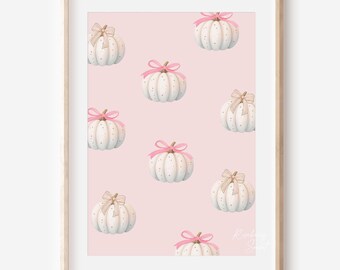 Puede incluir: Una impresión digital con un fondo rosa y un patrón repetitivo de calabazas blancas con lazos rosas y dorados. El texto "ROSEBERRY SUNSET" está en la parte superior de la imagen y "DIGITAL DOWNLOAD" en la parte inferior.