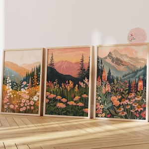 Set of 3 Boho Daisy Mountain Sunset Landscape Art Print | Earth Tones Boho Sunset Wildflower Daisy Flower Printable Art JPG Digital Download