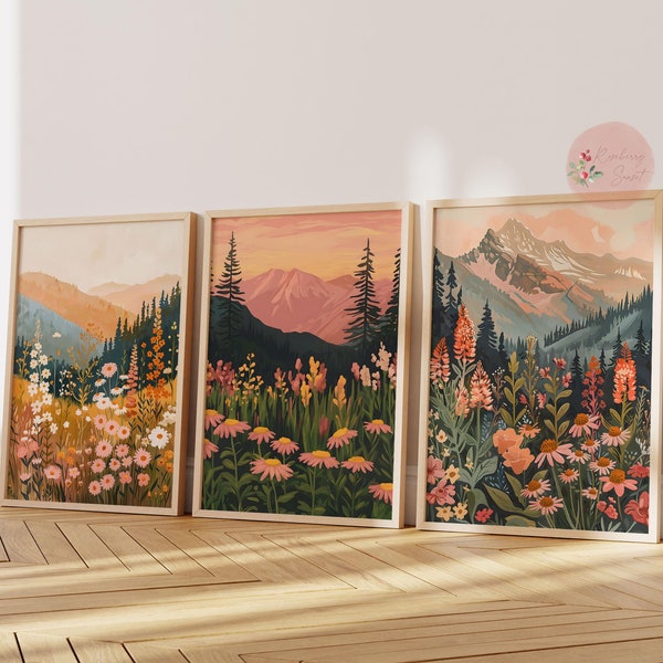Boho Daisy Mountain Sunset Landscape Art Print Set: Earth Tones Wildflower Painting (Digital Download)