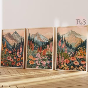Boho Wildflower Mountain Art Print Set: Pink & Orange Floral Landscape Painting (Digital Download)