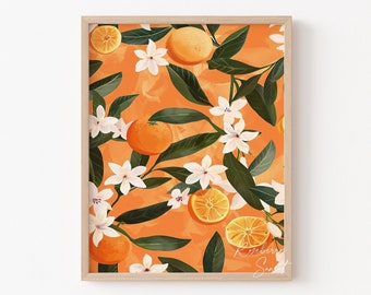 Orange Citrus Fruit Art Print: Boho Botanical Clementine Fruit Market Painting (Digital Download)