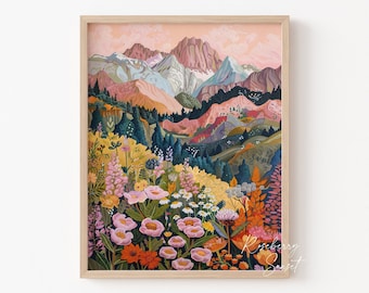 Abstract Mountain Wildflower Scenery Art Print | Colorful Mountain Scenery Floral Botanical Muted Tones Printable Art JPG Digital Download