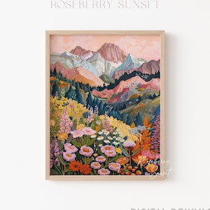 Abstract Mountain Wildflower Art Print: Boho Muted Tones Floral Nature Painting (Digital Download)