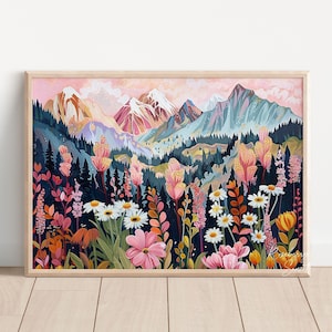Colorful Spring Wildflower Landscape Painting Art Print | Bright Mountain Wildflower Floral Landscape Printable Art JPG Digital Download