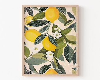 Impressão de arte de limão: pôster de mercado de frutas cítricas botânicas boho com pintura de limões (download digital)
