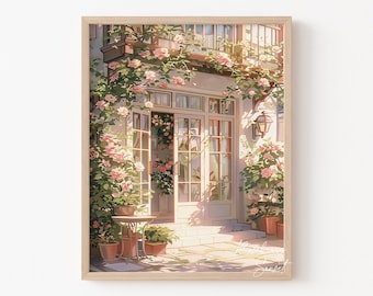 Floral Cottage Front Porch Art Print: Pink Rose Flower Garden Cottagecore Poster (Digital Download)