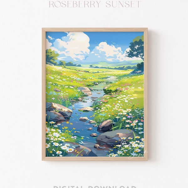 Summer Day River Art Print: Countryside Meadow River Nature Landscape Anime Poster (Digital Download)