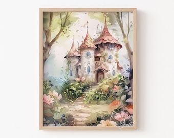 Impresión artística del Bosque Mágico del Jardín de Hadas: Acuarela infantil de hadas del Castillo del Bosque Encantado (Descarga digital)