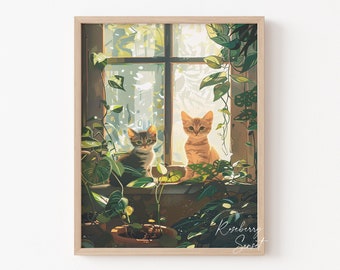 Greenhouse Cat Anime Style Botanical Cat Art Print | Botanical Greenhouse Plant Anime Cat Poster Printable Wall Art JPG Digital Download