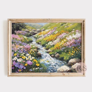 Spring River Wildflower Field Landscape Painting Art Print | Colorful Spring Floral Meadow Hill Landscape Printable Art JPG Digital Download