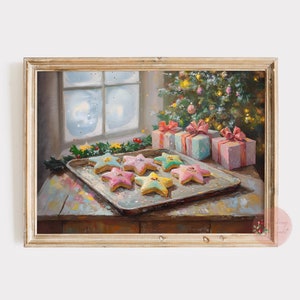 May include: A painting of a Christmas scene with a decorated tree, presents, and a tray of star-shaped cookies. The cookies are frosted in pink, blue, and yellow.