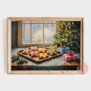 May include: A painting of a Christmas scene with a decorated tree, presents, and a tray of star-shaped cookies. The cookies are pink, yellow, and white with a star-shaped design.