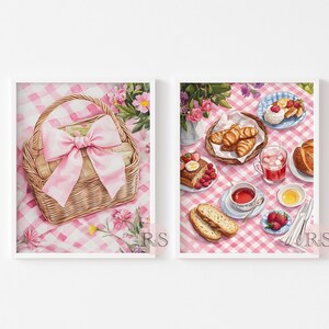 Set of 2 Pink Bow Coquette Picnic Watercolor Art Print | Preppy Girly Pink Gingham Picnic Cottagecore Printable Art JPG Digital Download