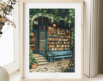 Vintage Bookshop Art Print: Cozy Bookstore Book Lovers Reading Anime Style Painting (Digital Download)