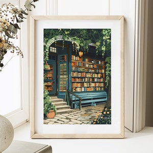 Vintage Buchladen Anime Stil Buchladen Kunstdruck | Vintage gemütliche Buchladen Poster Buchliebhaber lesen druckbare Wandkunst JPG digitaler Download